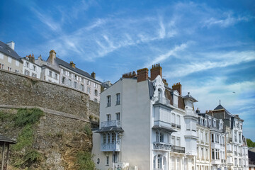 Granville, typical city in Normandy, traditional houses on the cliffs, view of the sea
