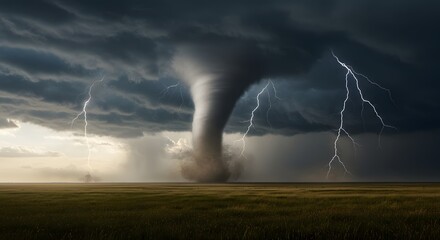Dramatic Tornado with Lightning Striking a Prairie Landscape