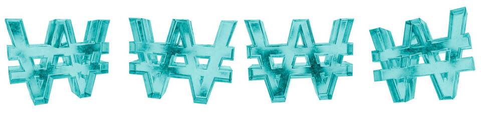 Obraz premium Set of 4 3d blue frosted ice glass won symbols isolated on a transparent background. Transparent frosted glass morphism icon. 3d financial elements for graphic design.