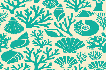 Teal Seashells and Coral Seamless Pattern Beachy Ocean Design