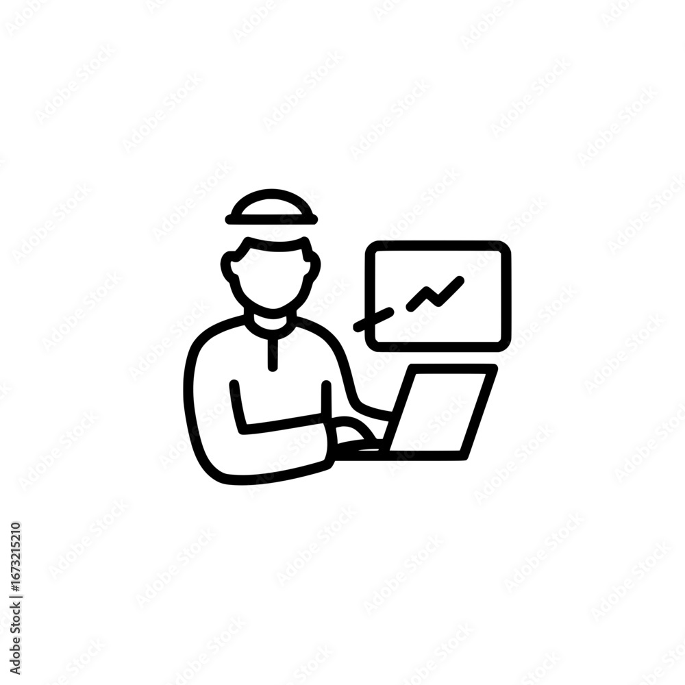 Poster businessman using laptop with graph chart and presentation slide