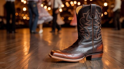 Close up of a single brown leather cowboy boot with ornate stitching resting on a polished wooden dance floor with blurred figures dancing in the background