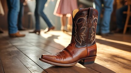 A single detailed brown leather cowboy boot stands on a wooden floor with blurred people dancing in the background
