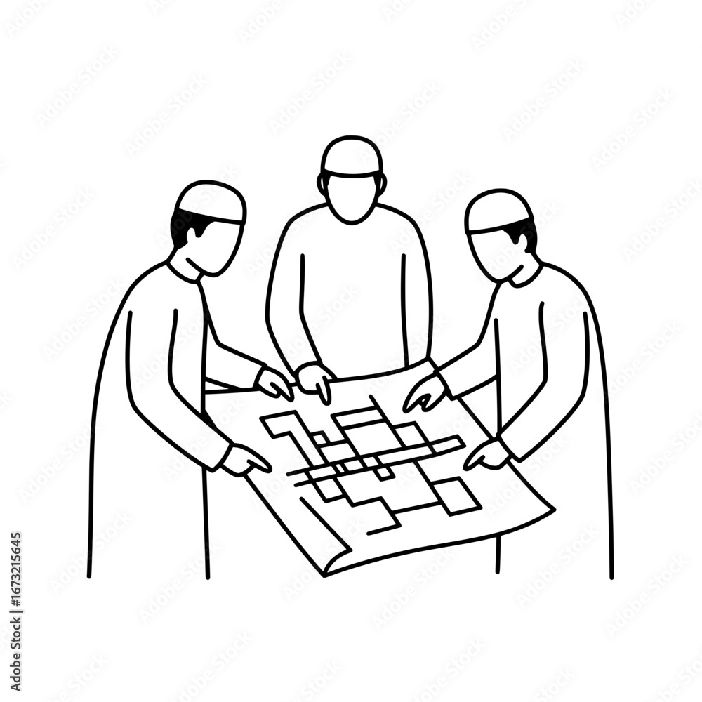 Poster team of architects analyzing building plans with transparent background