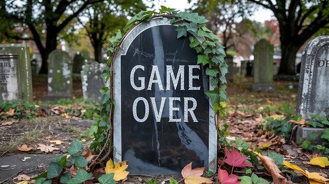 A weathered gravestone in a cemetery with the words game over inscribed symbolizing the end of life and finality