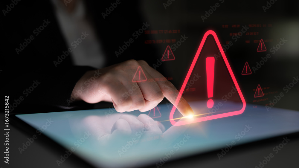 Poster cybersecurity alert warning showing red cyber for data breach, network threat, and cyber security sy