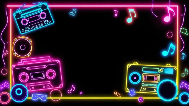 Vibrant neon retro boomboxes and music notes dance in a dynamic 80s party frame