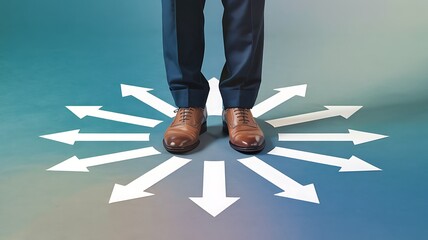 Man standing at a crossroads with multiple white arrows pointing in different directions representing choices