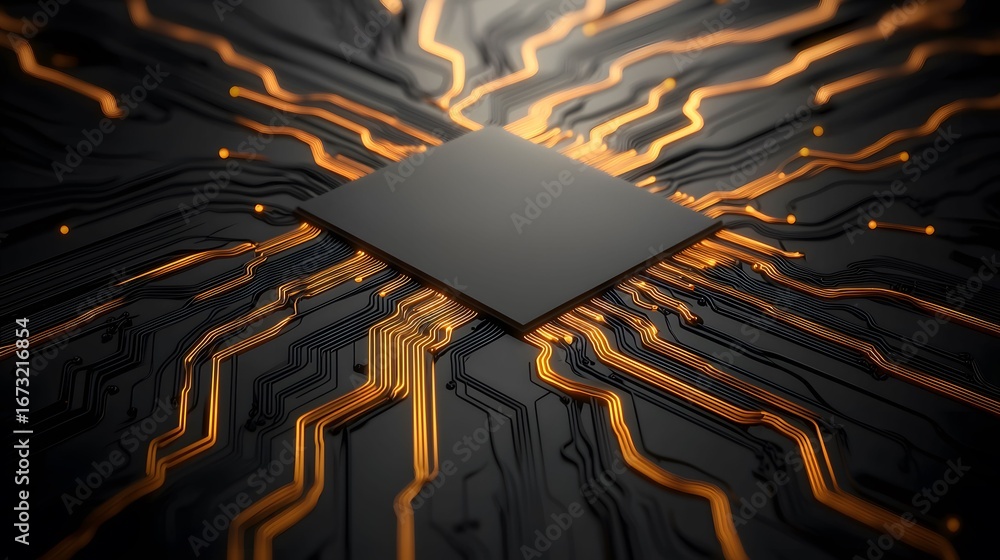 Poster this image features a close-up of a central processing unit (cpu) or similar microchip, with glowing