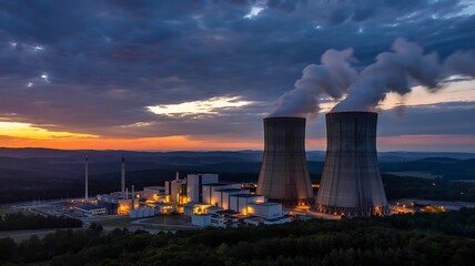 Majestic industrial power plant cooling towers billowing steam against a dramatic sunset sky with vibrant orange and purple clouds