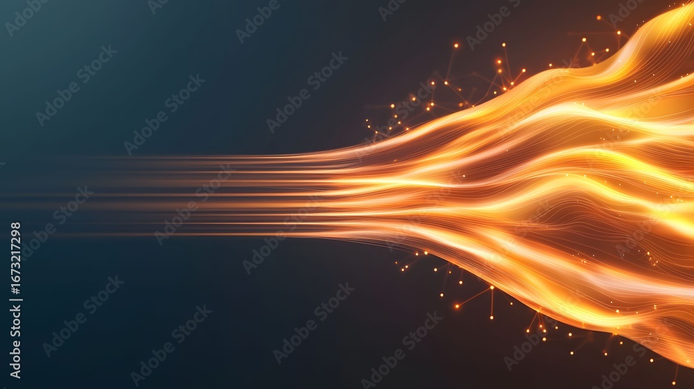 Poster the image displays a dynamic, abstract composition featuring golden light trails and connected glowi