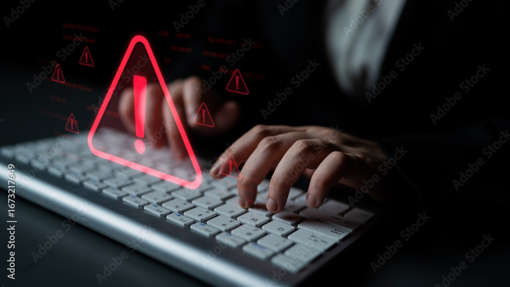 Poster cybersecurity alert warning showing red cyber for data breach, network threat, and cyber security sy