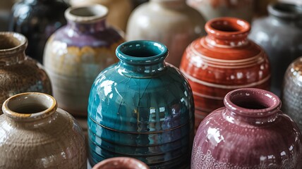 A vibrant collection of handcrafted ceramic vases in various earthy and jewel tones arranged closely together