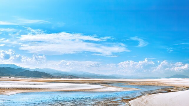 The azure sea, the white salt lake surface reflects the mountains and clouds in the distance, and the pure light blue hue creates a serene and relaxing atmosphere. - Powered by Adobe