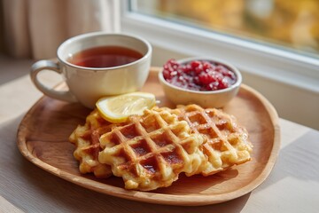 Fototapeta na wymiar Breakfast tray with waffles, cranberry compote, and tea by window in autumn light