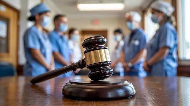 Gavel in foreground with blurred medical professionals in uniform and masks standing behind them in a hallway
