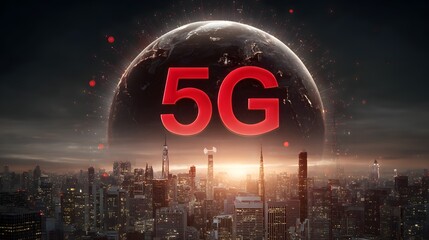 Glowing 5G network symbol over a futuristic city skyline with a large planet in the night sky. Advanced wireless communication technology.
