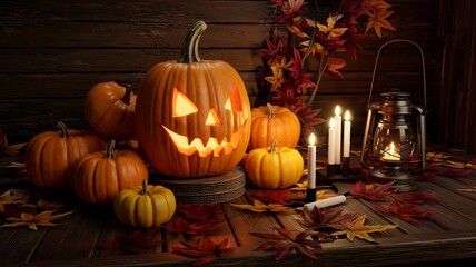 Obraz premium Spooky carved jack o lantern glowing with warm candlelight surrounded by autumn leaves and pumpkins on a rustic wooden table