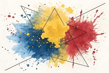 Energetic Abstract: Watercolor Splatter with Geometric Lines