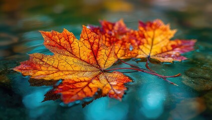 Obraz premium Vibrant autumn leaves resting on a placid water surface