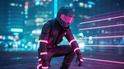 Futuristic cyberpunk warrior in neon cityscape with glowing pink and blue lights and blurred background
