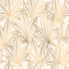 Hand drawn gold autumn maple leaves seamless pattern. Engraving line art fall leaf ornament template for fabric print card. Foliage vector elegant illustration isolated on light background