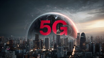Glowing 5G network symbol over a futuristic city skyline with a large planet in the night sky. Advanced wireless communication technology.