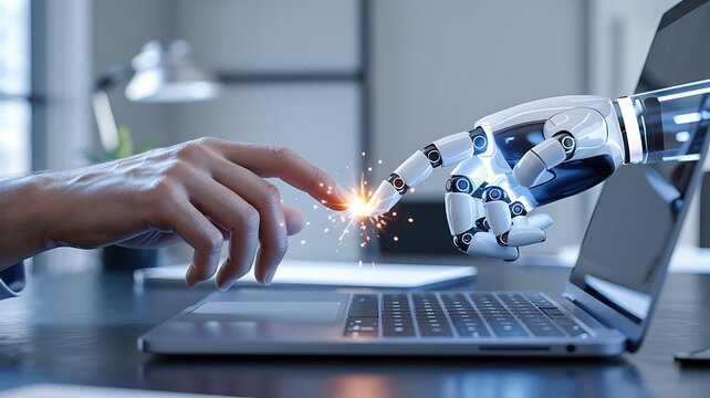Close up of a human hand and a robotic hand touching a laptop screen in a modern office setting symbolizing future technology and collaboration