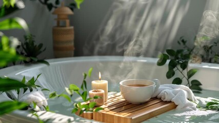 A serene spa setting designed for ultimate relaxation and rejuvenation. Soft candlelight flickers gently over smooth stones, fresh flowers, and aromatic oils