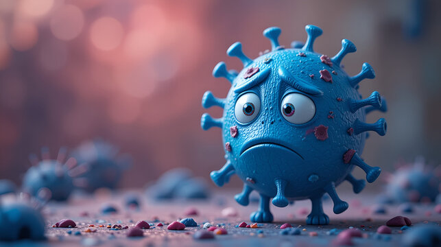 Saddened blue virus character with a textured surface in a soft, colorful background depicting infection and disease emotions