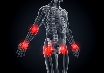 3D skeletal model with glowing red highlights on painful elbow, wrist, and hip joints.


