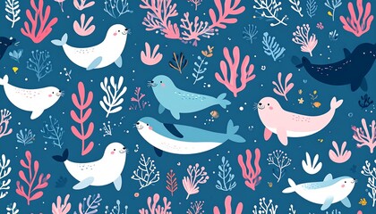 Obraz premium Whimsical marine ecosystem featuring adorable seals amidst colorful coral reefs background