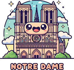 Adorable Notre Dame Cathedral Cartoon Illustration with Cheerful Face.