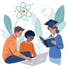 Vector art of students engaged in scientific studies, using laptops and books, with an atom and moon in the background, symbolizing exploration and discovery