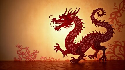 Red dragon in paper-cut style on a golden background — atmosphere of celebration and Eastern mythology.