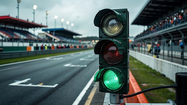 Close up of a green traffic light at a formula 1 race track ready for the start of the competition