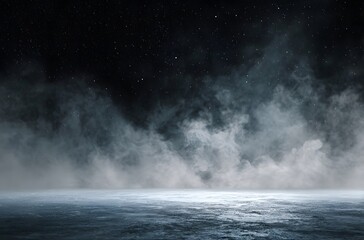 Obraz premium Mysterious and atmospheric night scene with dense fog or mist over a dark ground, under a starry sky. Ethereal background.
