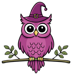 Obraz premium Cartoon Owl Wearing Witch Hat Sitting on Branch Halloween Illustration