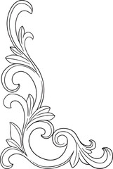 An elegant baroque and rococo style vector corner ornament, featuring graceful scrolls and stylized leaves. This intricate line art is perfect for adding a luxurious and vintage touch to invitations.