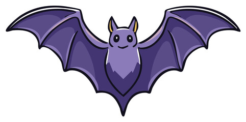 Obraz premium Adorable smiling purple cartoon bat flying with outstretched wings, a charming spooky creature illustration