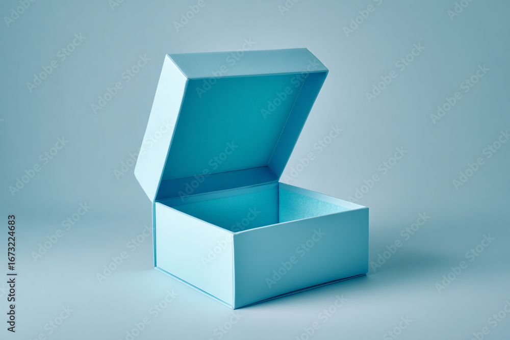 Poster a light blue empty box sits open on a matching background