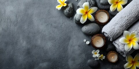 Top view of a serene spa arrangement with white frangipani flowers, lit candles, rolled towels, and stones on a grey background. Wellness and relaxation.