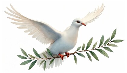 Fototapeta premium Watercolor illustration of white dove with outstretched wings perched on olive branch. Classic symbol of peace depicted against clean white background. Artwork conveys hope, serenity, new beginnings,