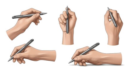 Collection of Hand Poses Holding a Ballpoint Pen for Writing