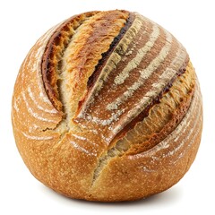 Golden brown artisan sourdough boule with a beautifully scored crust dusted with flour a delicious staple for any meal	