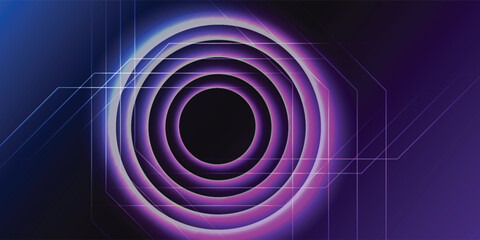 Abstract concentric circles in shades of purple and blue, with geometric lines overlaying the background.