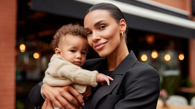 Professional businesswoman mother holding baby in business suit. Working mom balancing career and family life. Successful female entrepreneur with child in corporate environment.