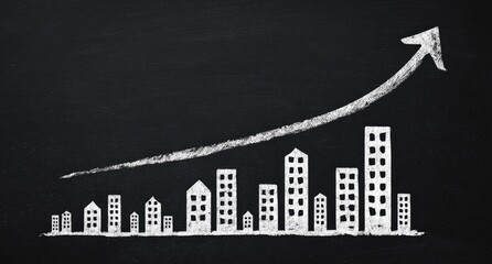 Chalkboard drawing of a city skyline with an upward trending line graph