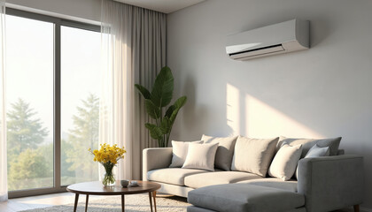 Naklejka premium Modern living room features sleek white air conditioning unit mounted on wall. Natural light streams through large window with sheer curtains, illuminating comfortable sofa, coffee table. Large plant