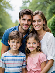 A family of four posing closely together smiling outdoors in a green park like setting for a portrait